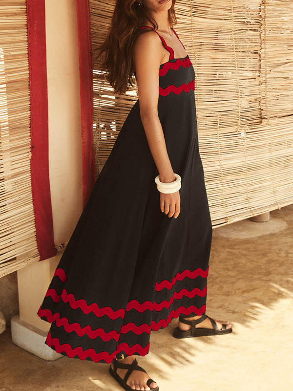 A-line High Waisted Contrast Color Zipper Square-neck Maxi Dresses Midi Dresses