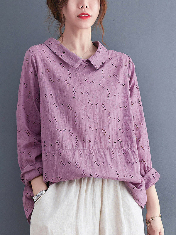Loose 3 Colors Embroidered Hollow Lapel Collar Long Sleeves T-Shirt
