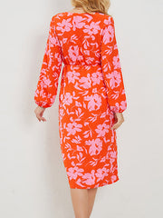 Flower Print Split-Front A-Line High Waisted V-Neck Midi Dresses