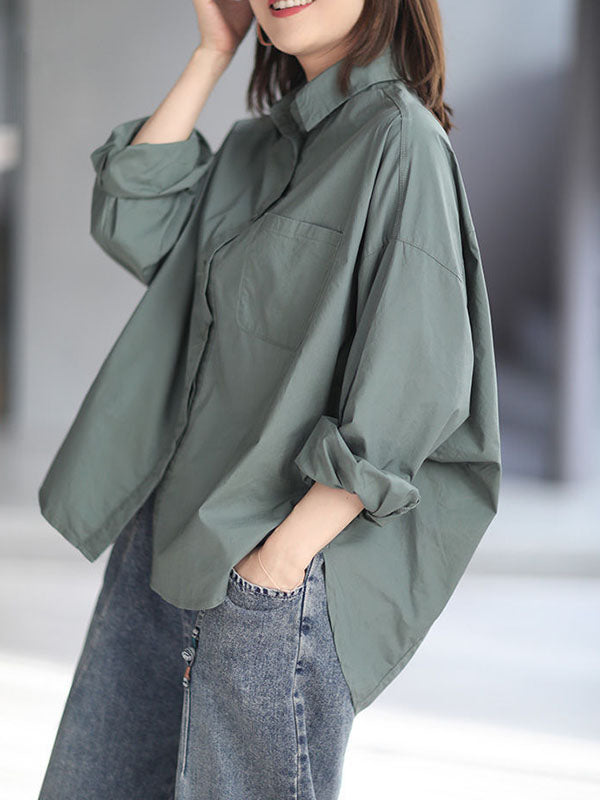 Solid Color High-low Long Sleeves Lapel Blouses&shirts Tops