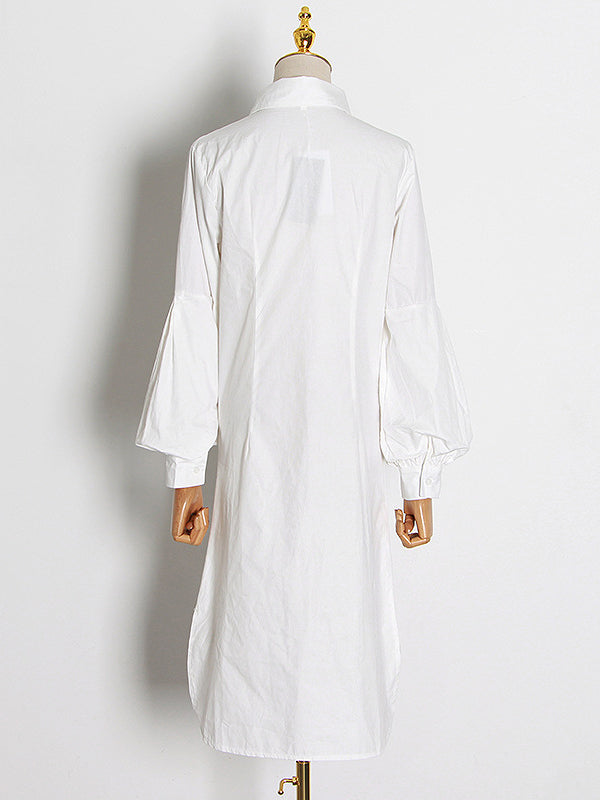 Simple Flared Sleeves Loose Solid Color Lapel Collar Midi Dresses