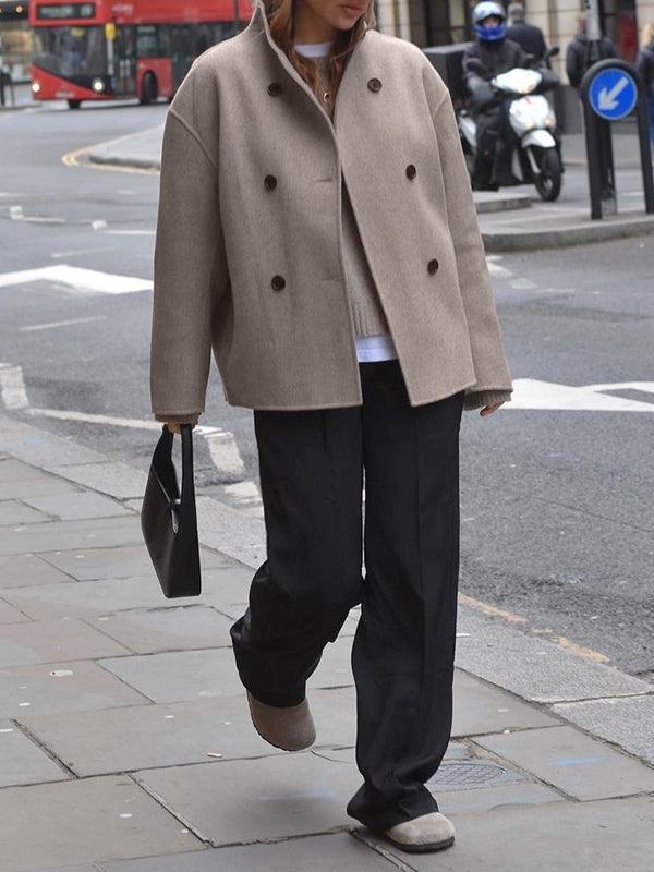 Buttoned Long Sleeves Loose Stand Collar Woolen Coat