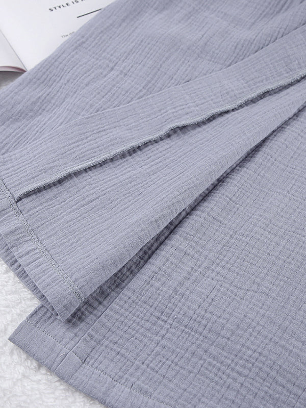 Ribbed Solid Color Long Sleeves Loose V-Neck Robes Pajamas