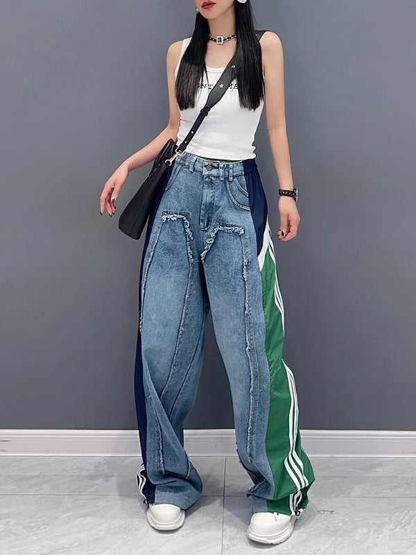Contrast Color Drawstring Elasticity Fringed Split-Joint Loose Wide Leg Jean Pants Bottoms