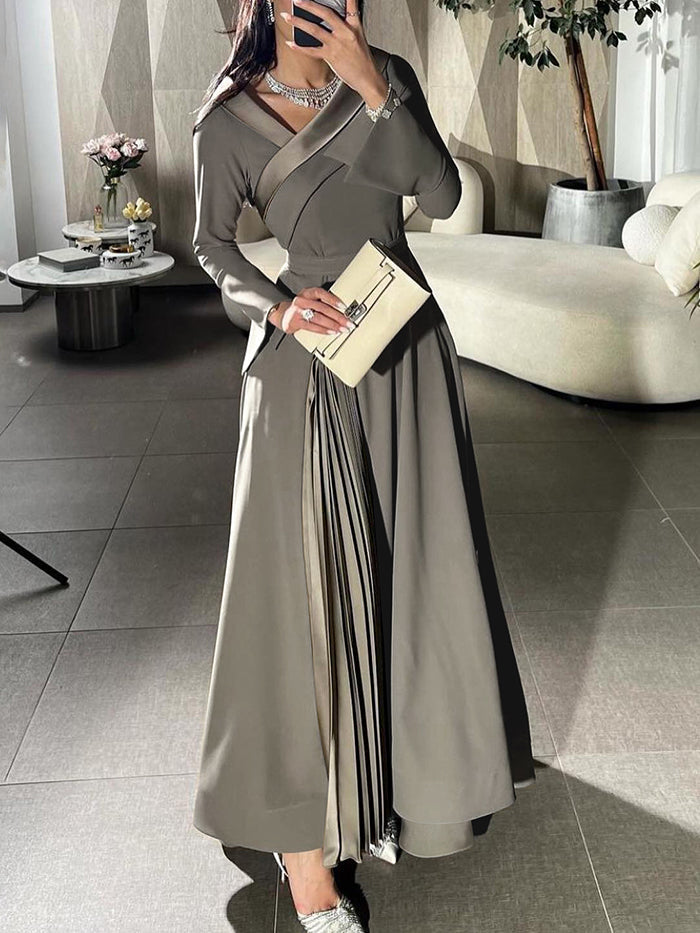 Pleated Solid Color Split-Joint A-Line Wrap V-Neck Maxi Dresses