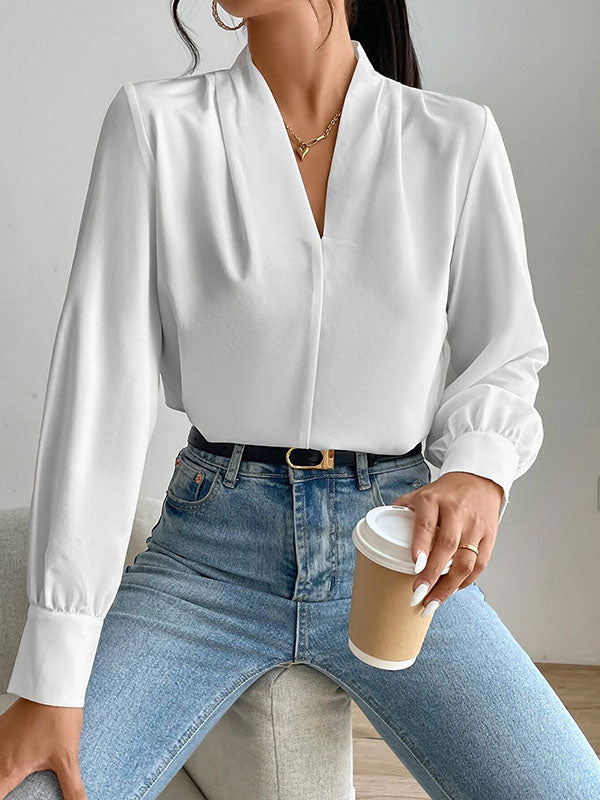 Pleated Solid Color Split-Joint Long Sleeves Loose V-Neck Blouses&Shirts Tops