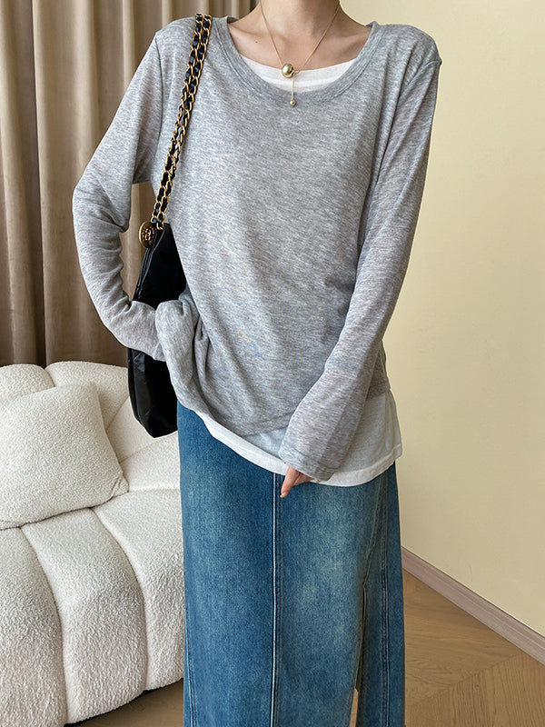 Asymmetric Contrast Color Split-Joint Fake Two-Piece Long Sleeves Round-Neck T-Shirts