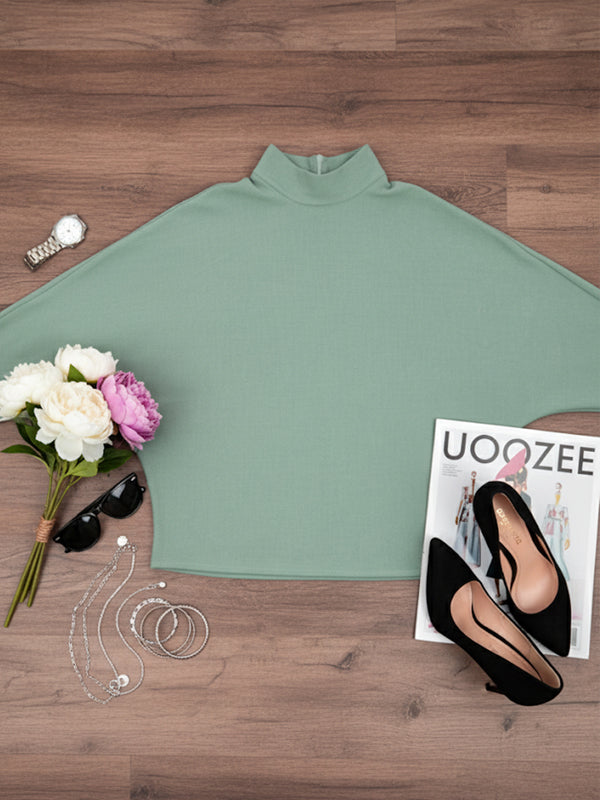 Solid Color Long Sleeves Loose High Neck Blouses&shirts Tops