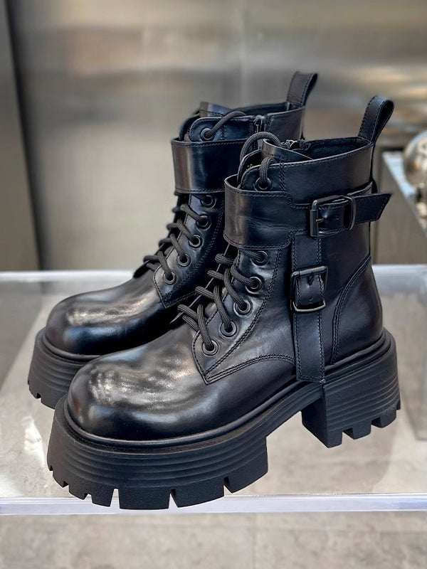 Buckle Lace-Up Round-Toe Solid Color Split-Joint Dr. Martens Boots Boots