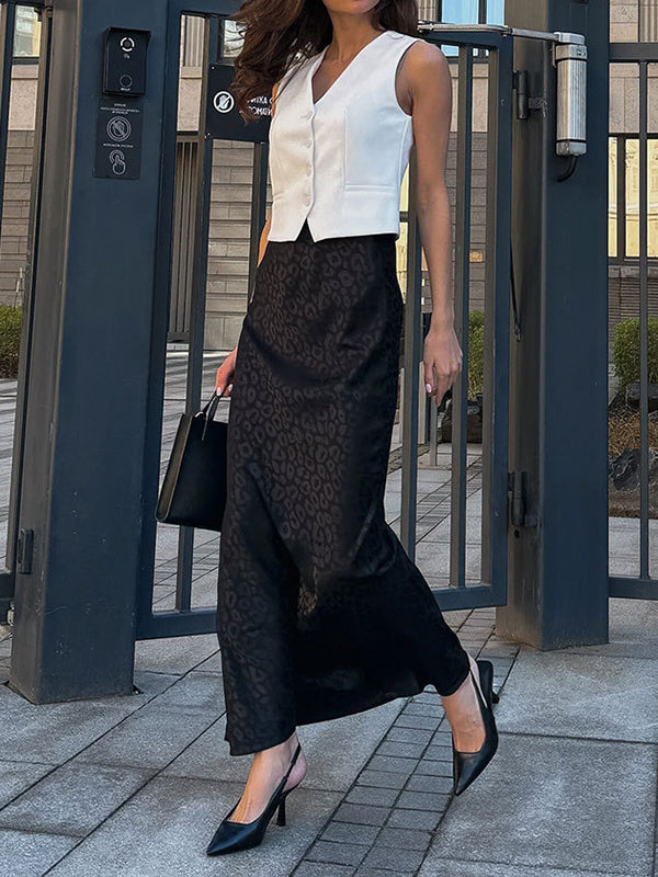 Jacquard Leopard Split-Joint Bodycon High Waisted Skirts Bottoms