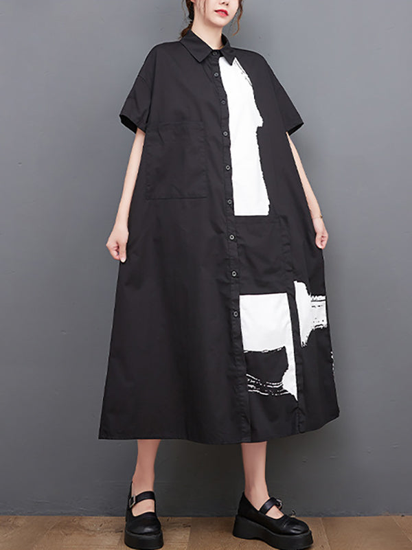 Original Loose Short Sleeves Buttoned Contrast Color Printed Midi Dresses