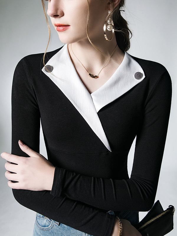 Asymmetric Buttoned Long Sleeves Skinny V-Neck T-Shirts Tops
