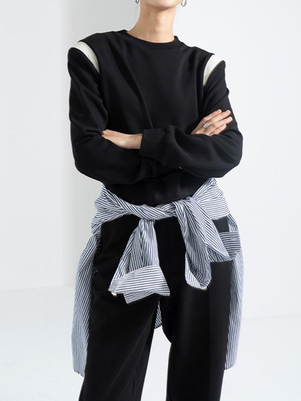 Contrast Color Long Sleeves Loose Round-Neck Sweatshirt Tops