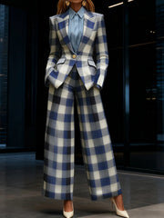 Long Sleeves Loose Buttoned Contrast Color Plaid Pockets Notched Collar Blazer Outerwear