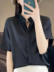 Buttoned Solid Color Loose Short Sleeves Stand Collar Blouses&Shirts Tops