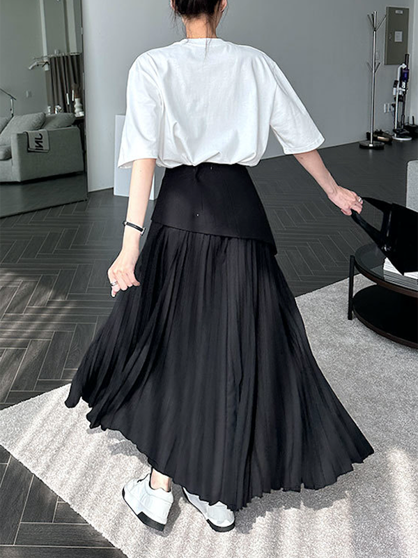 Contrast Color Pleated Split-Joint A-Line Loose Skirts Bottoms