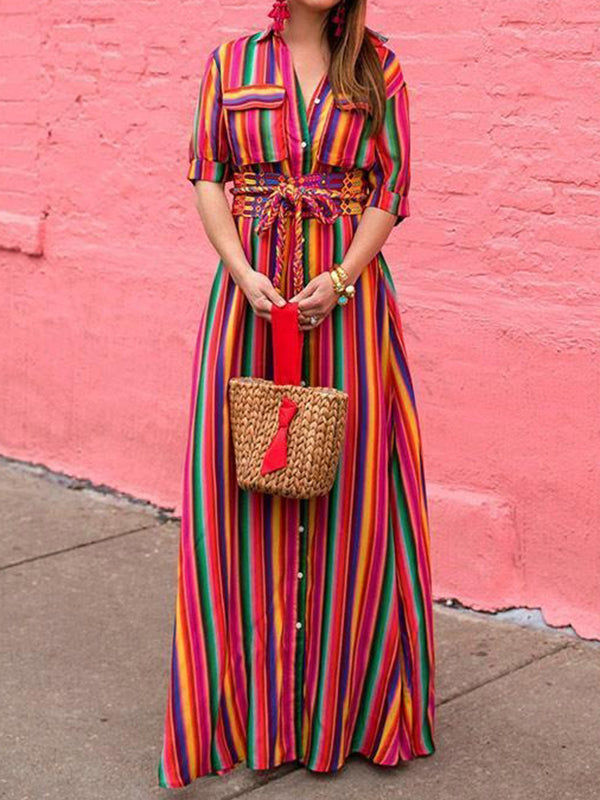 Split-Joint Striped Long Sleeves Loose Lapel Shirt Dress Maxi Dresses
