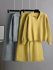 Urban Long Sleeves Solid Color Polo Sweater Tops & Wide Leg Pants Two Pieces Set
