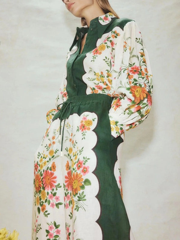 Buttoned Long Sleeves Flower Print Lapel Shirts Top + High Waisted Pants Bottom Two Pieces Set