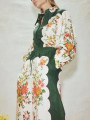 Buttoned Long Sleeves Flower Print Lapel Shirts Top + High Waisted Pants Bottom Two Pieces Set