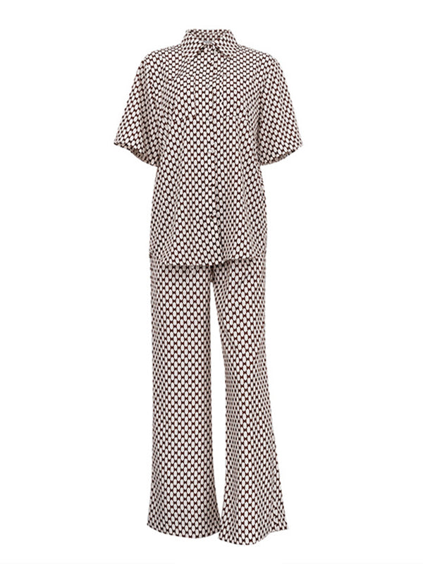 Plaid Printed Half Sleeves Loose Lapel Shirts&Pants Two Pieces Set