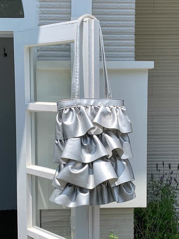 Layered Pleated Pockets Solid Color Zipper Handbags