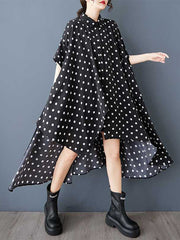 Asymmetric Buttoned Polka-Dot A-Line High-Low Lapel Shirt Dress Midi Dresses