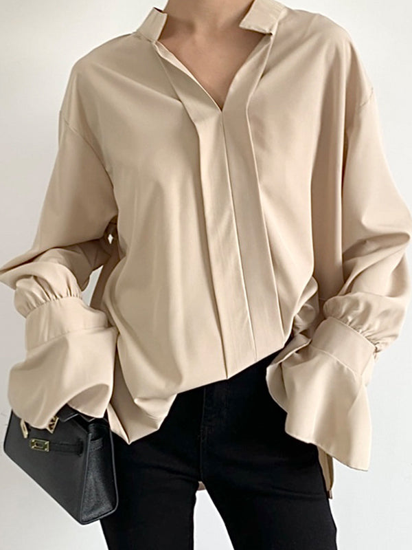 Buttoned Solid Color Split-Side Flared Sleeves High-Low V-Neck Blouses&Shirts Tops