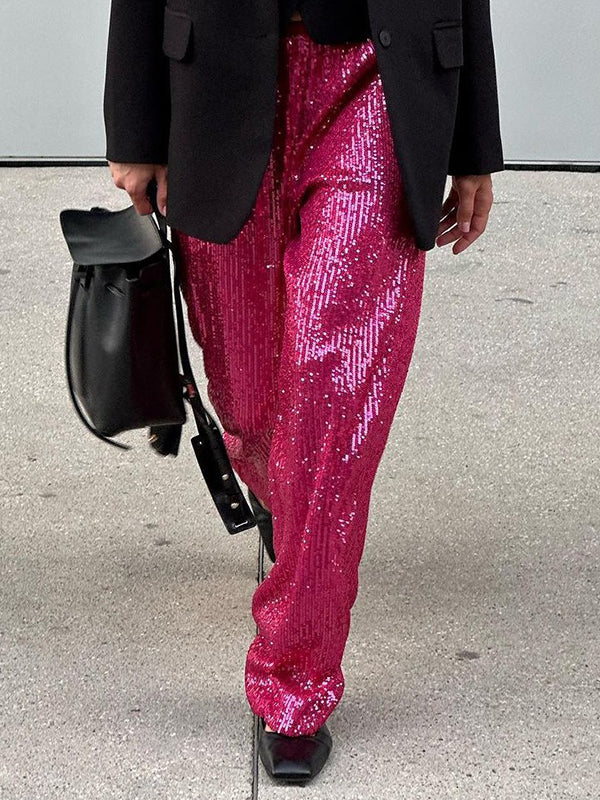 Elasticity Sequined Shiny Split-Joint Loose Straight Leg Trousers Pants