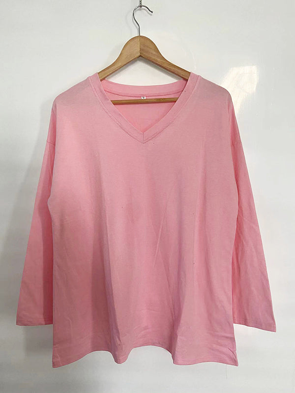 See-Through Solid Color Split-Joint Long Sleeves Loose V-neck T-shirts