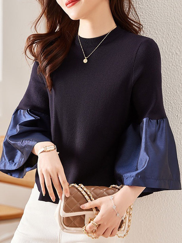 Pleated Split-Joint Flared Sleeves Long Sleeves Round-neck T-Shirts Tops