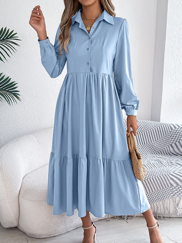 Pleated Ruffled Solid Color High Waisted Long Sleeves Lapel Shirt Dress Midi Dresses