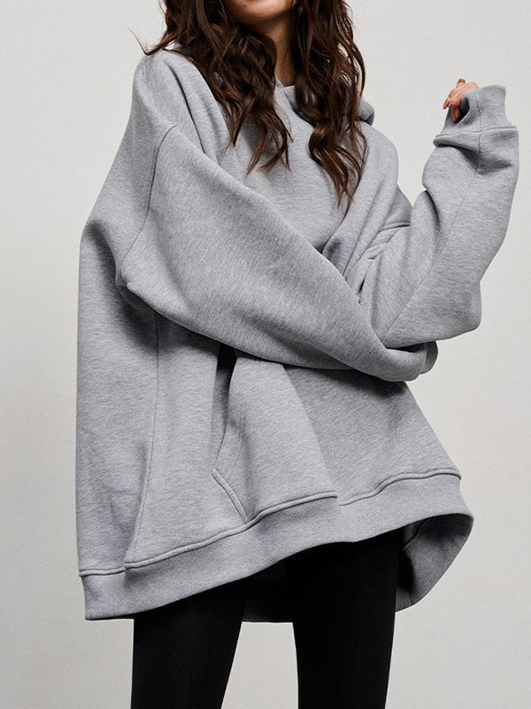 Pockets Solid Color Velvet Long Sleeves Loose Hooded Hoodies Tops
