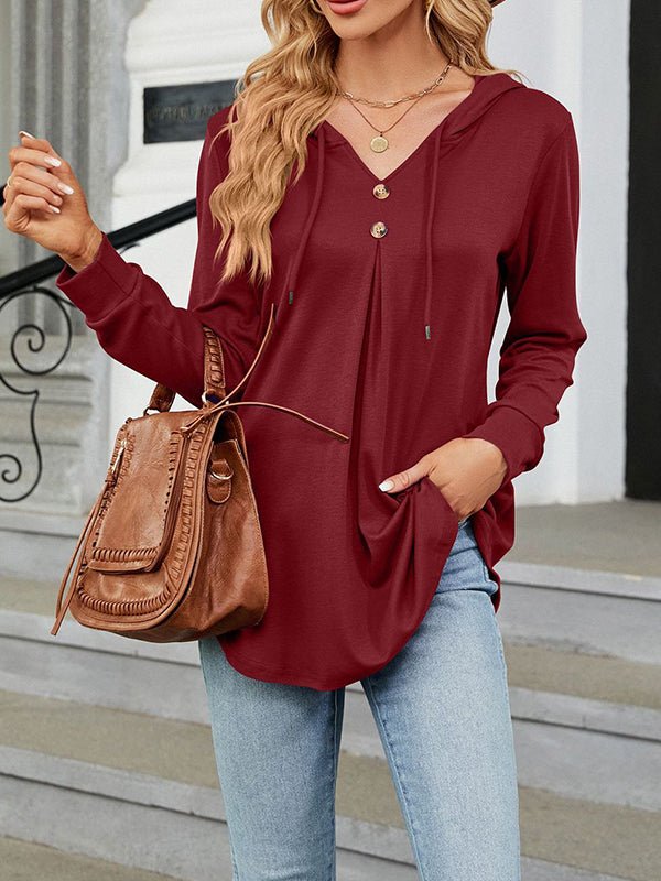Buttoned Drawstring Hooded Solid Color Long Sleeves Loose V-Neck T-Shirts Tops