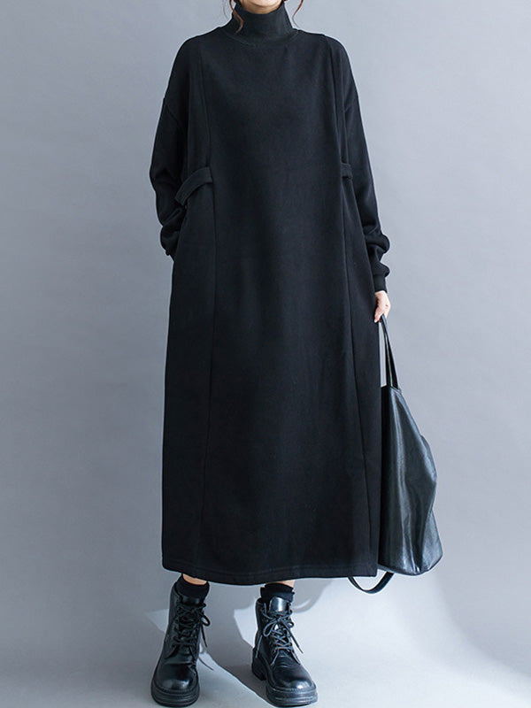 Solid Color A-Line Long Sleeves Mock Neck Midi Dresses