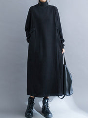 Solid Color A-Line Long Sleeves Mock Neck Midi Dresses
