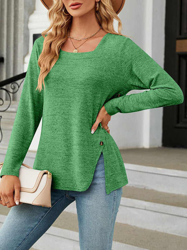 Asymmetric Buttoned Solid Color Split-side Long Sleeves Loose Square-neck T-Shirts Tops
