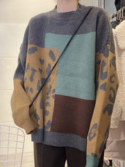 Original Contrast Color Leopard Round-Neck Long Sleeves Sweater Top