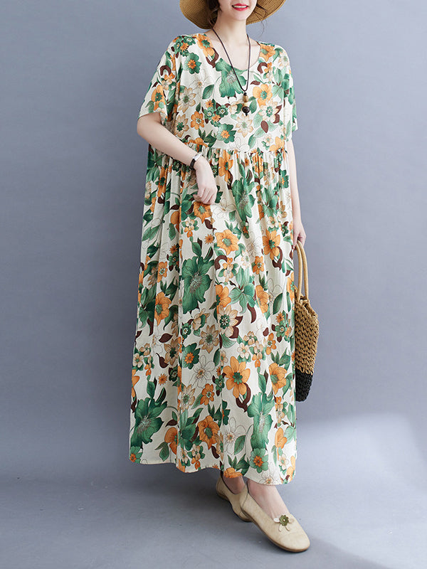 Floral Printed Pleated Split-Joint Loose Short Sleeves Round-Neck Midi Dresses