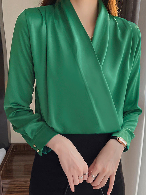 Buttoned Solid Color Long Sleeves Loose V-Neck Blouses&Shirts Tops