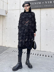 Asymmetric Mesh Pockets See-Through Solid Color Split-Joint Tasseled Irregularity Long Sleeves Stand Collar Midi Dresses