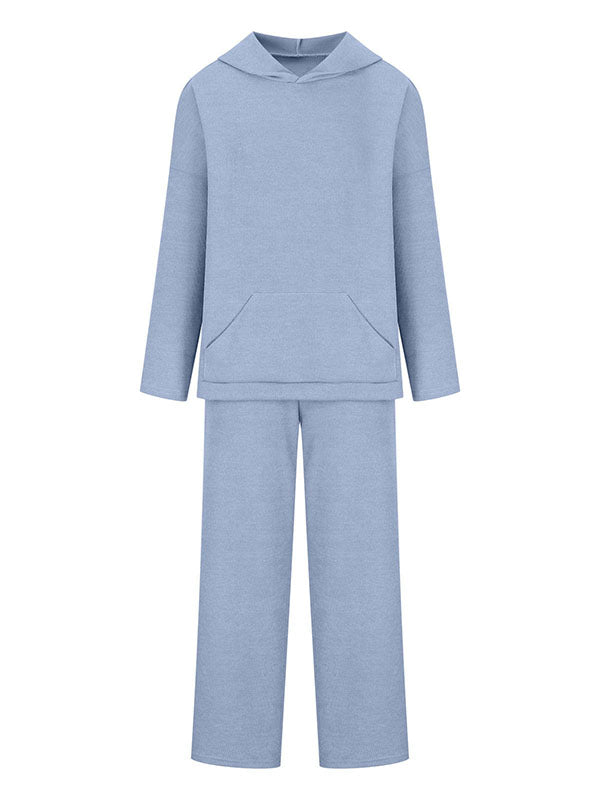 Solid Color Loose Round-Neck Hooded Long Sleeves Sweater Top + Drawstring Pants Bottom Two Pieces Set