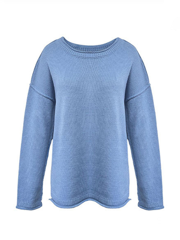 Solid Color Split-Joint Long Sleeves Loose Round-neck Sweater Tops