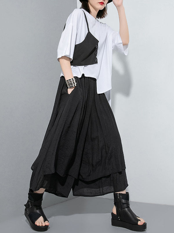 Elasticity Solid Color Split-Joint Loose Wide Leg Ninth Pants