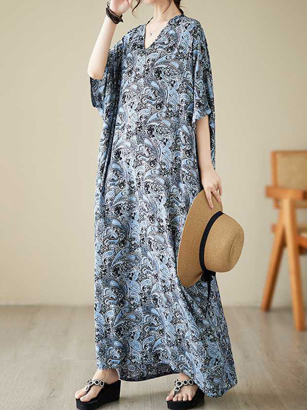 Printed Batwing Sleeves Loose V-Neck Maxi Dresses