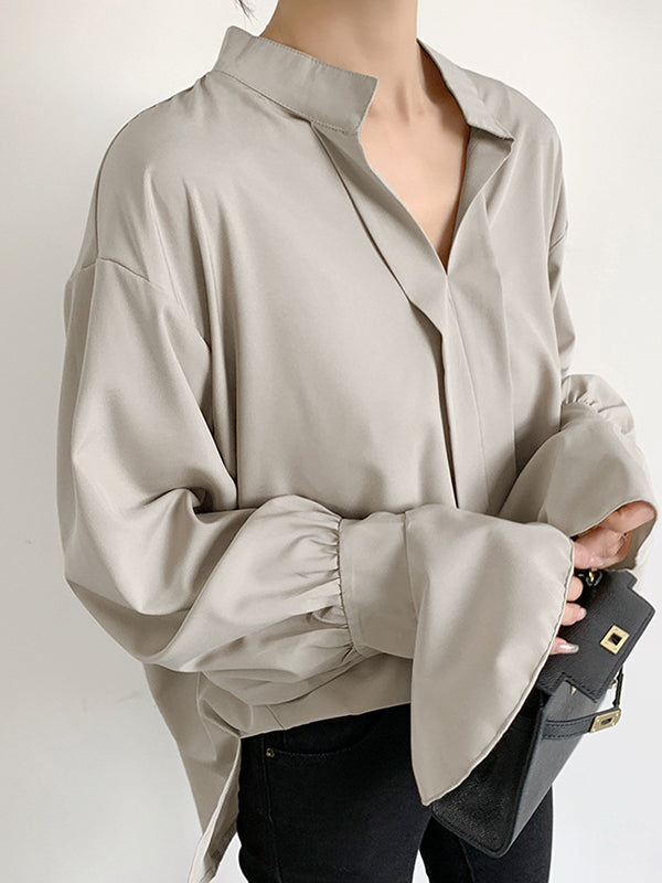 Solid Color Flared Sleeves High-low V-neck Blouses&shirts Tops