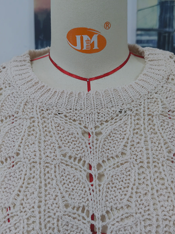 Original Creation Long Sleeves Loose Hollow Solid Color Round-Neck Sweater Tops