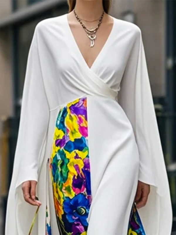 Contrast Color Flower Print Split-Joint Long Sleeves Loose Deep V-Neck Maxi Dresses