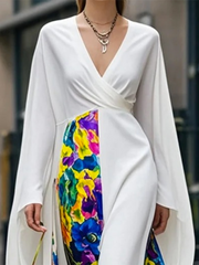 Contrast Color Flower Print Split-Joint Long Sleeves Loose Deep V-Neck Maxi Dresses