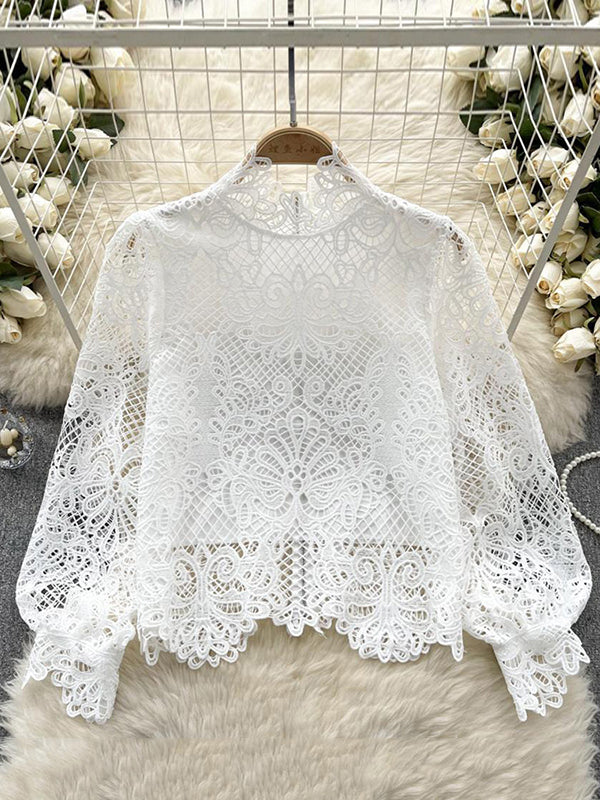 Hollow Split-Joint Zipper Long Sleeves Loose Stand Collar Blouses&Shirts Tops